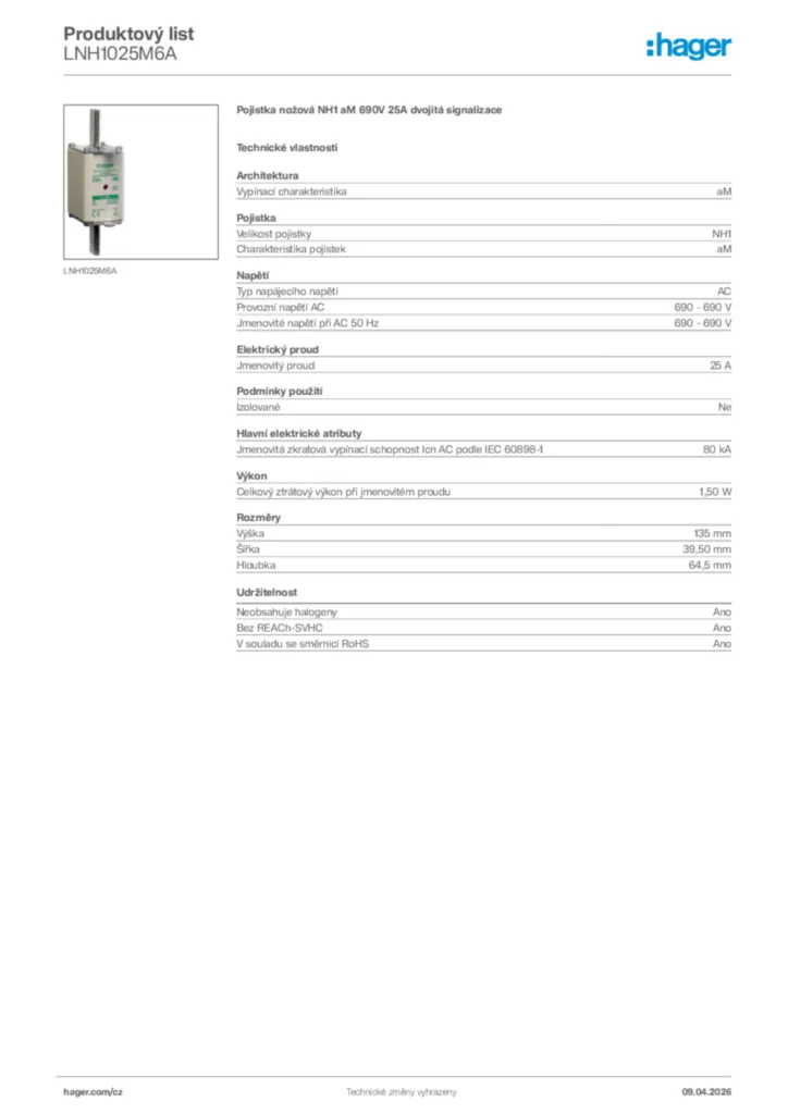 Obrázek Hager Product data sheet LNH1025M6A | Hager