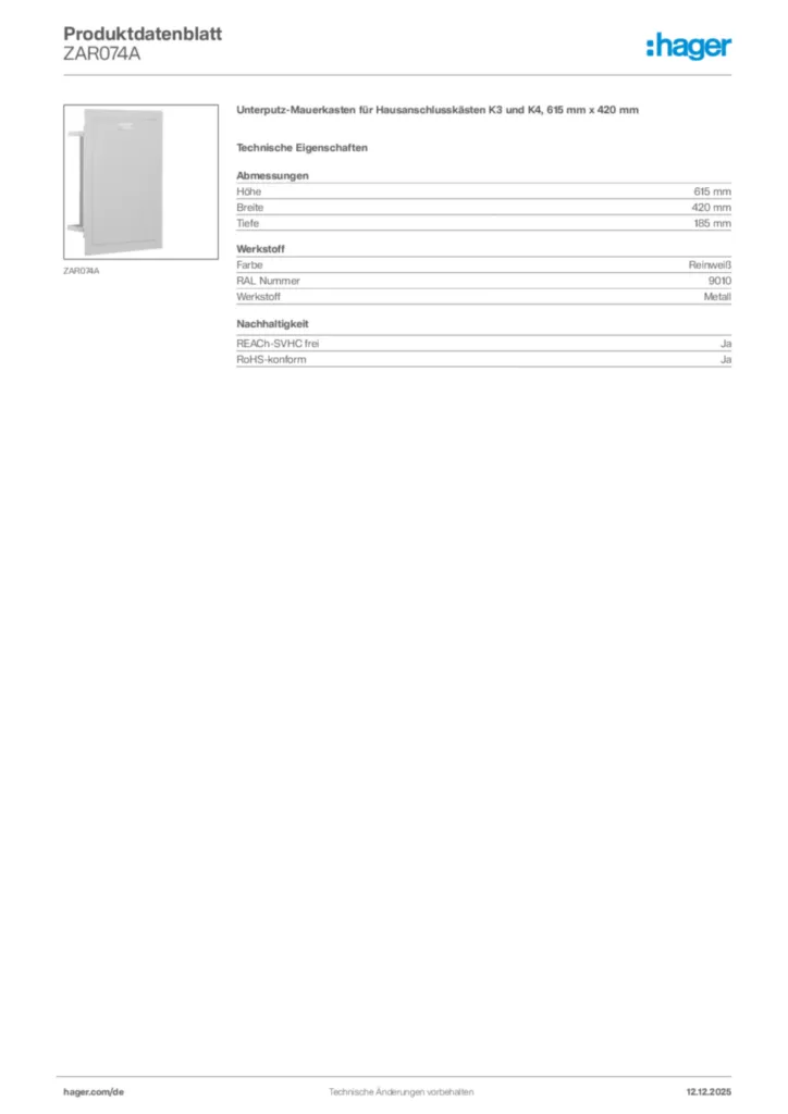 Bild Hager Produktdatenblatt ZAR074A | Hager Deutschland