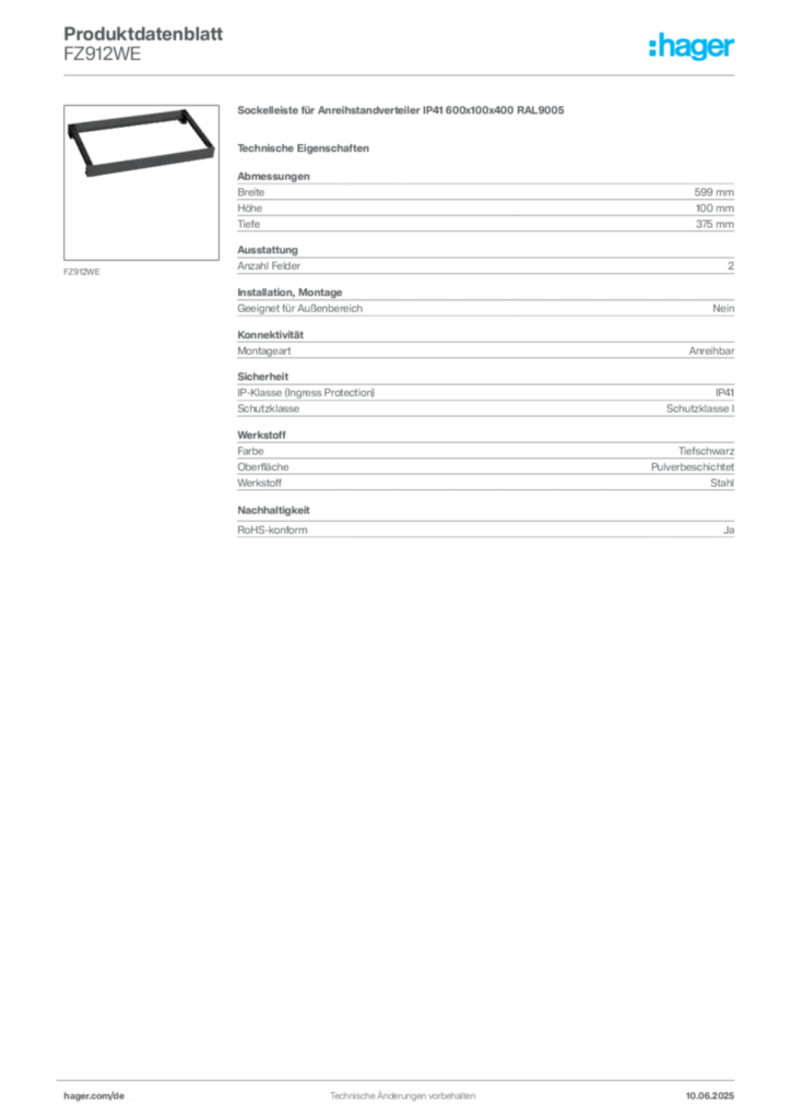 Bild Hager Produktdatenblatt FZ912WE | Hager Deutschland