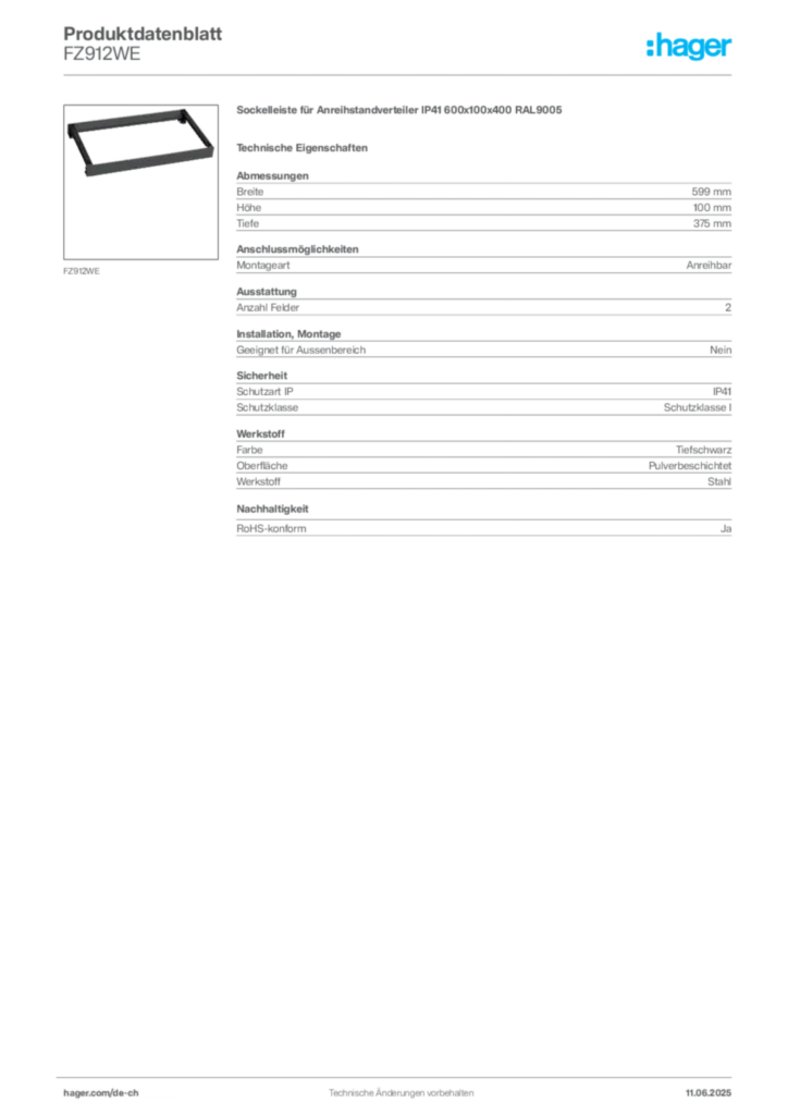 Bild Hager Produktdatenblatt FZ912WE | Hager Schweiz