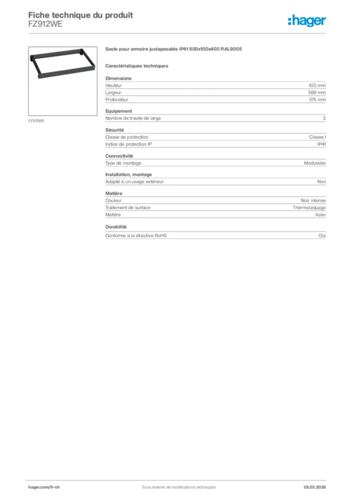 Image Hager Fiche technique du produit FZ912WE | Hager Suisse