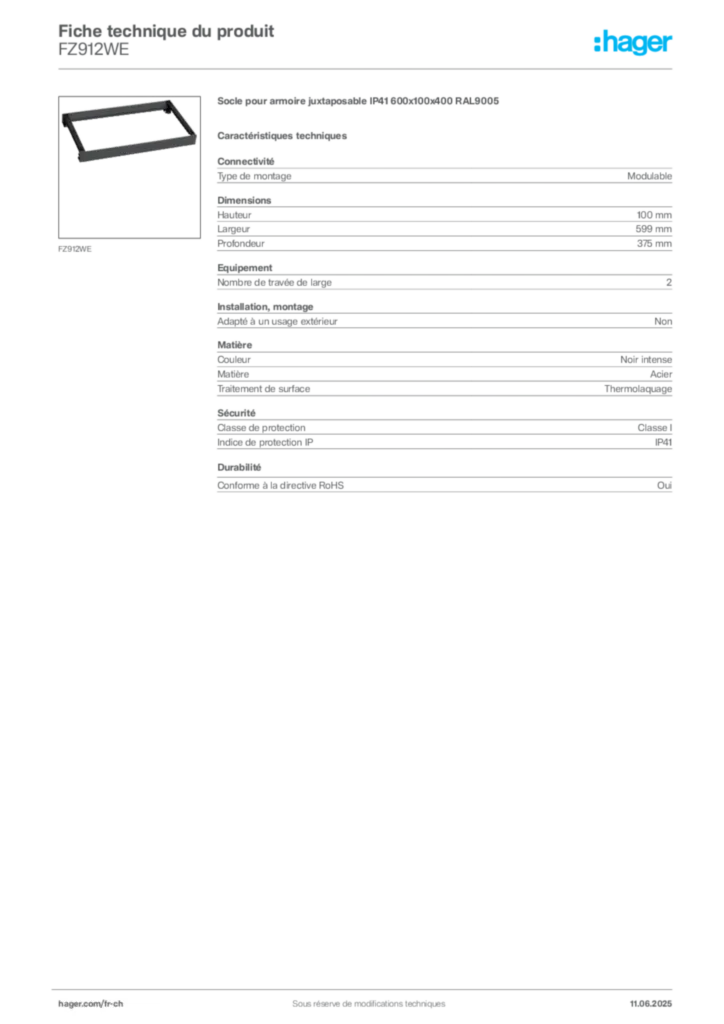 Image Hager Fiche technique du produit FZ912WE | Hager Suisse