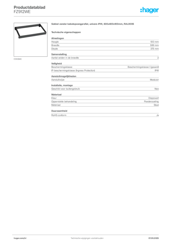 Afbeelding Hager Productdatablad FZ912WE | Hager Nederland