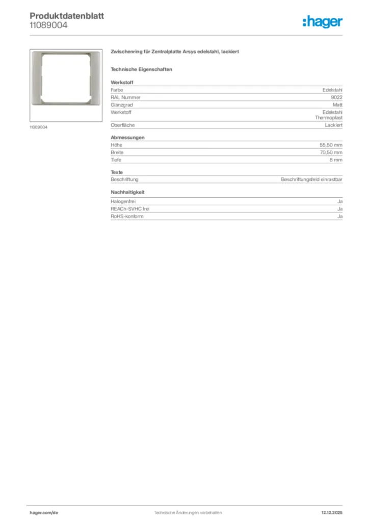Bild Hager Produktdatenblatt 11089004 | Hager Deutschland