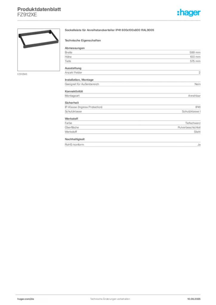 Bild Hager Produktdatenblatt FZ912XE | Hager Deutschland