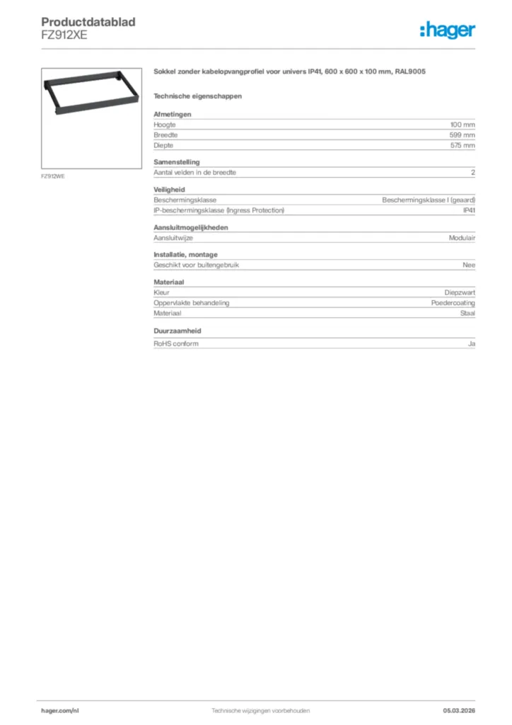 Afbeelding Hager Productdatablad FZ912XE | Hager Nederland