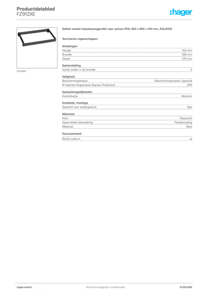Afbeelding Hager Productdatablad FZ912XE | Hager Nederland