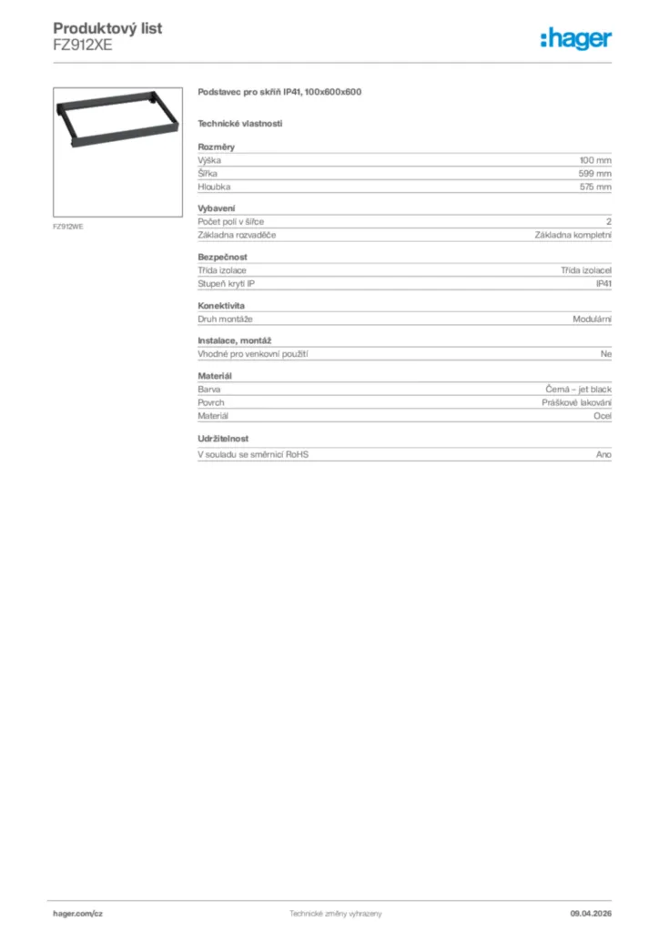 Obrázek Hager Product data sheet FZ912XE | Hager
