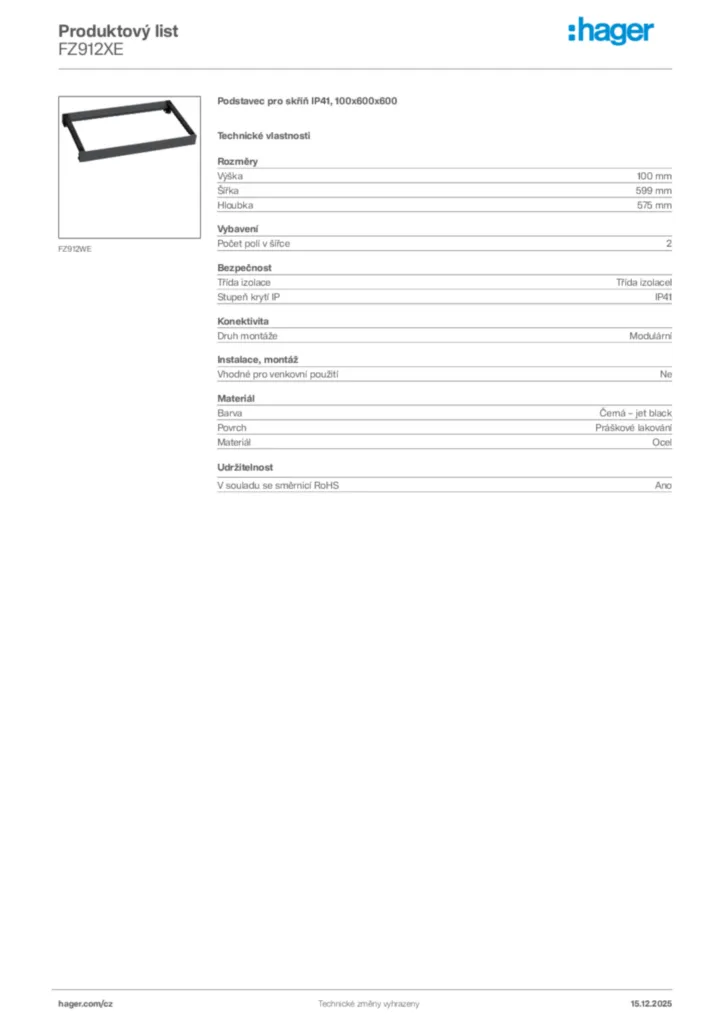 Obrázek Hager Produktový list FZ912XE | Hager