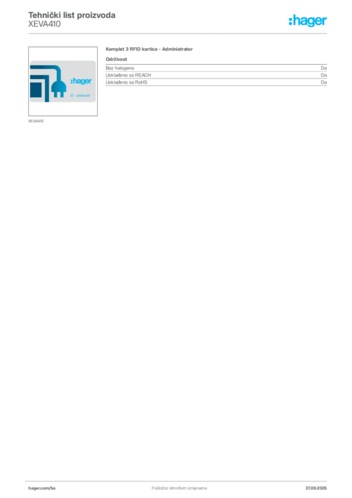 Slika Hager Product data sheet XEVA410  | Hager