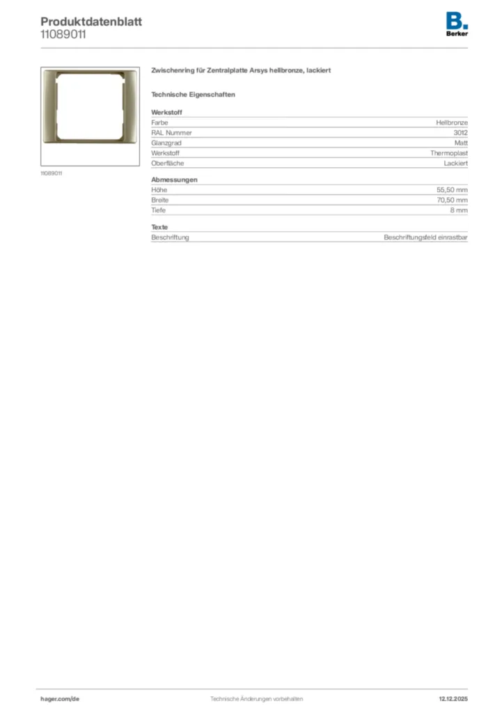 Bild Berker Produktdatenblatt 11089011 | Hager Deutschland