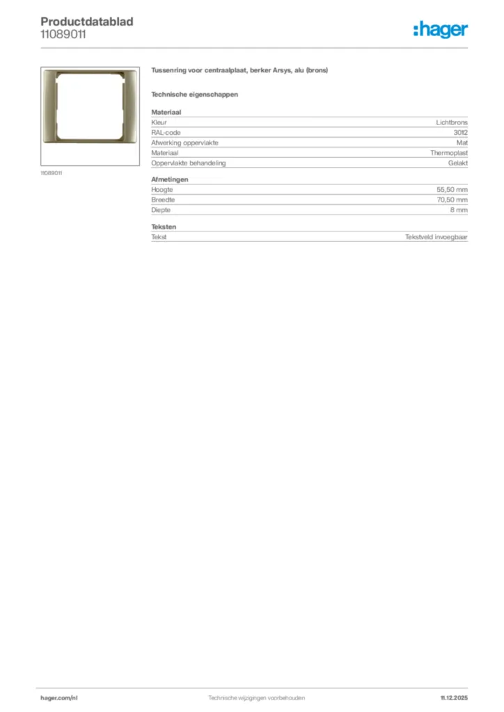 Afbeelding Hager Productdatablad 11089011 | Hager Nederland