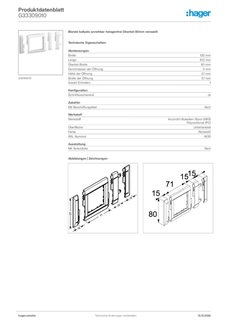 Bild Hager Produktdatenblatt G33309010 | Hager Deutschland