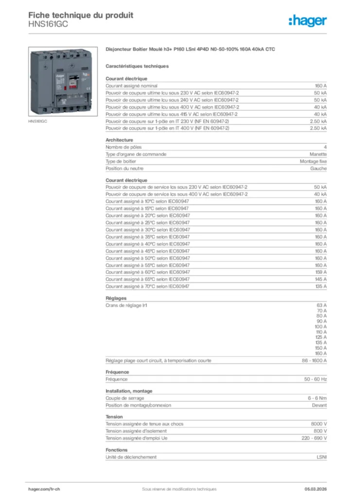 Image Hager Fiche technique du produit HNS161GC | Hager Suisse