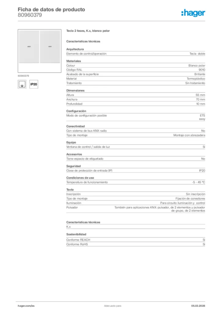 Imagen Hager Ficha de datos de producto 80960379 | Hager España