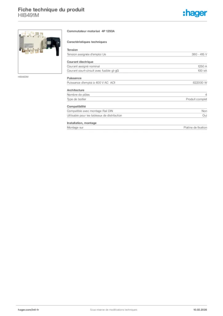 Image Hager Fiche technique du produit HIB491M | Hager Afrique
