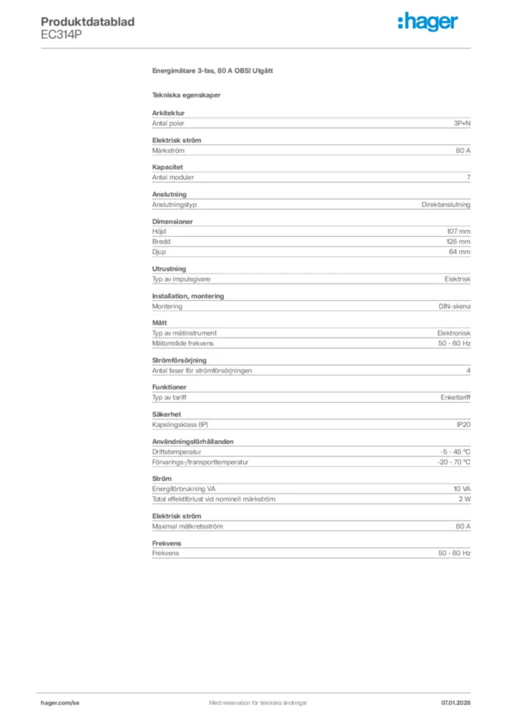 Bild Hager Produktdatablad EC314P | Hager Sverige