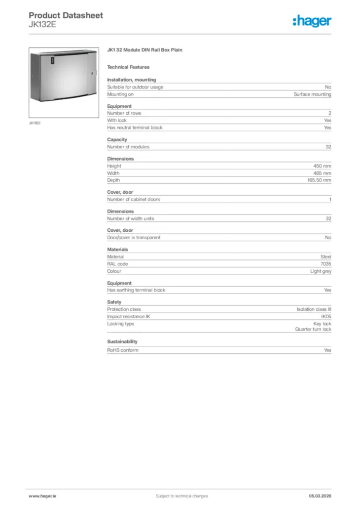 Image Hager Product data sheet JK132E  | Hager