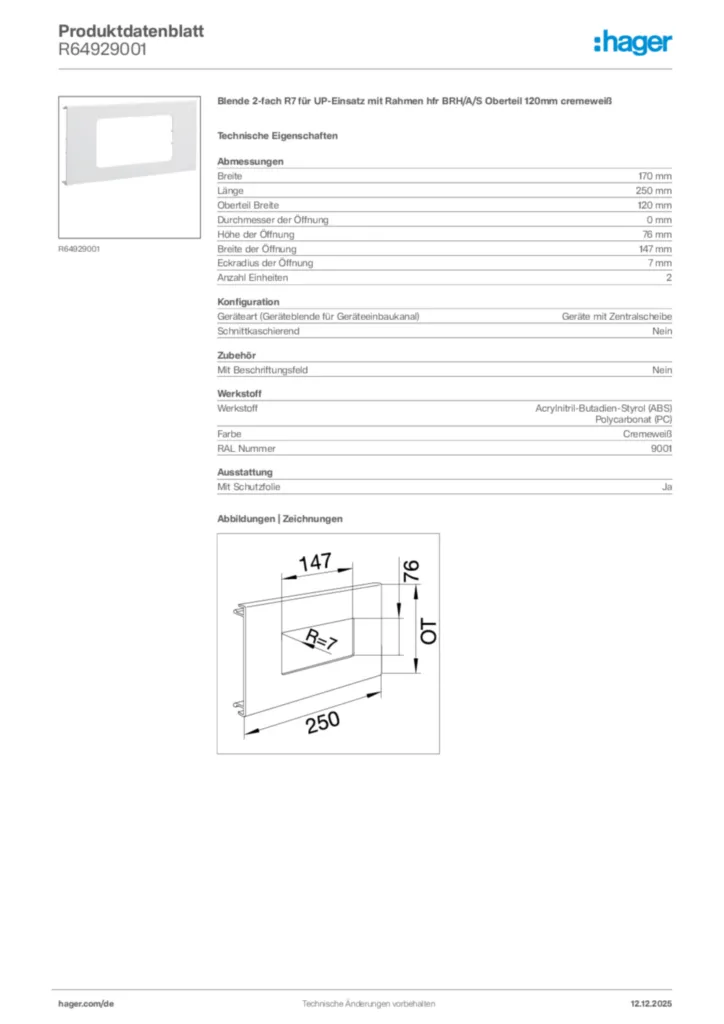 Bild Hager Produktdatenblatt R64929001 | Hager Deutschland