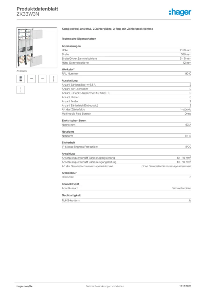 Bild Hager Produktdatenblatt ZK33W3N | Hager Deutschland