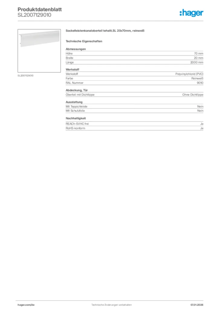 Bild Hager Produktdatenblatt SL2007129010 | Hager Deutschland