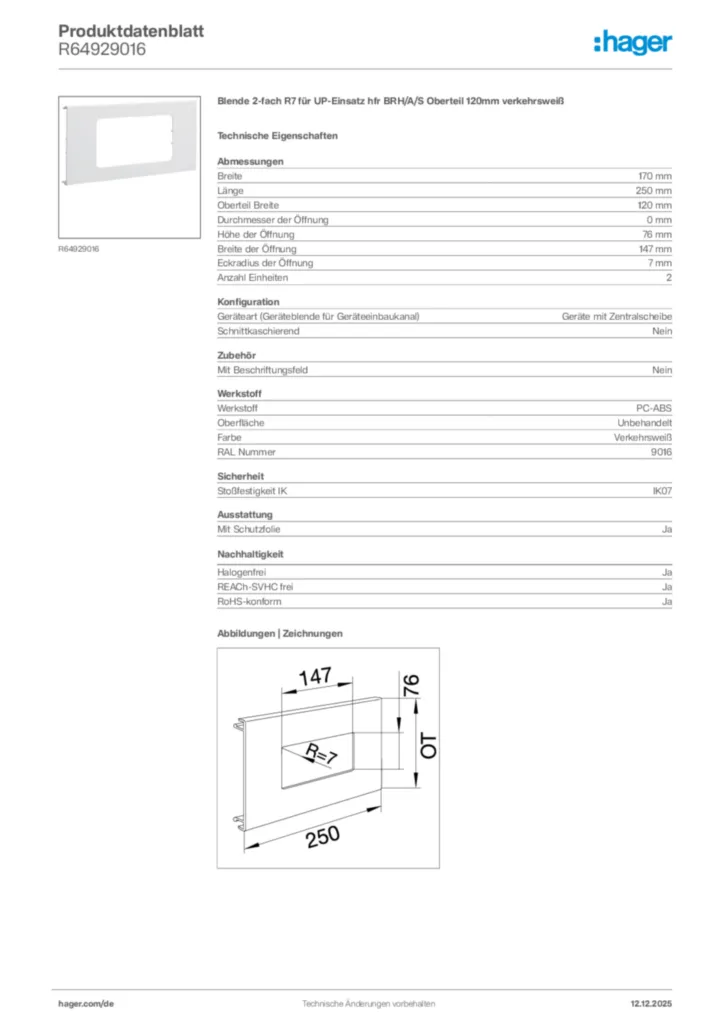 Bild Hager Produktdatenblatt R64929016 | Hager Deutschland