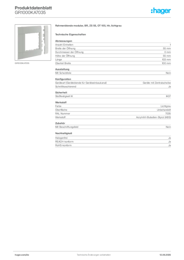 Bild Hager Produktdatenblatt GR1000KA7035 | Hager Deutschland