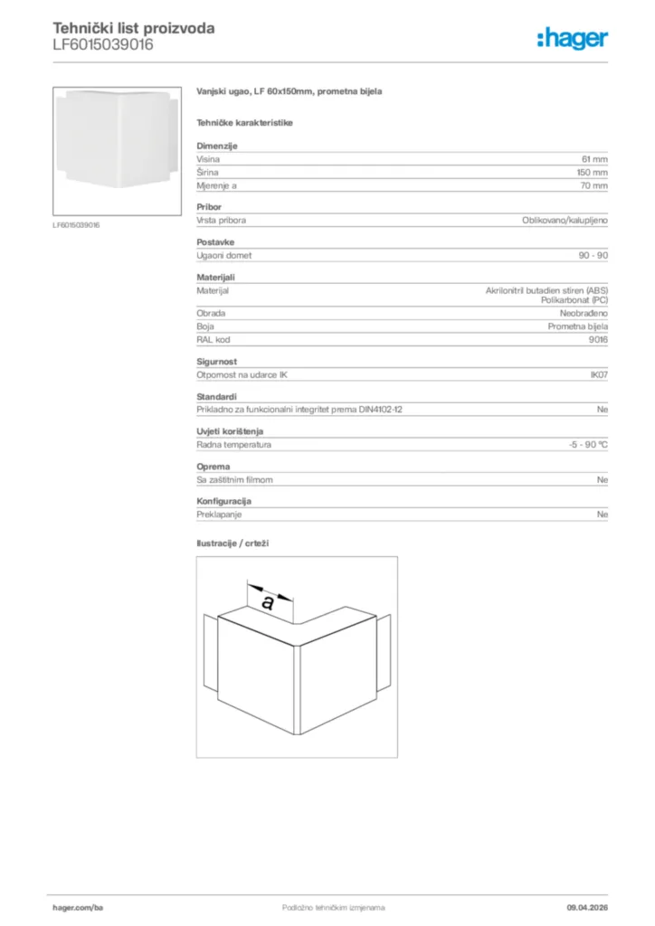 Slika Hager Tehnički list proizvoda LF6015039016  | Hager