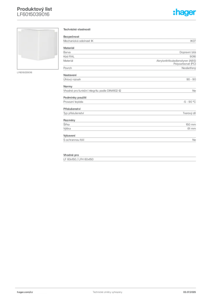 Obrázek Hager Produktový list LF6015039016 | Hager