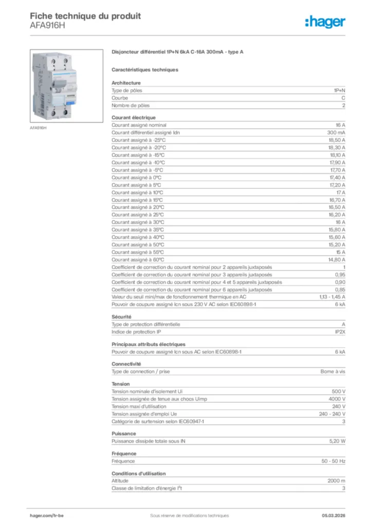 Image Hager Fiche technique du produit AFA916H | Hager Belgique