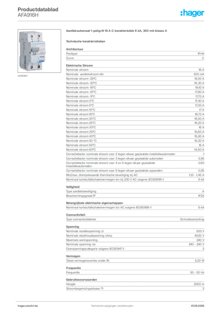 Afbeelding Hager Productdatablad AFA916H | Hager Belgium
