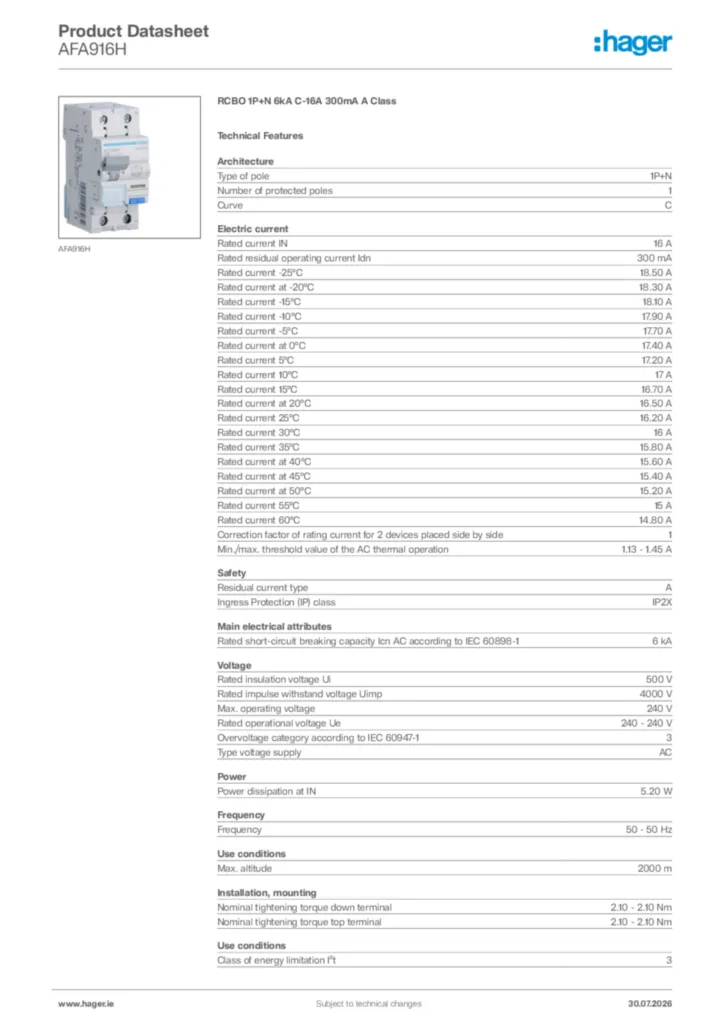 Image Hager Product data sheet AFA916H  | Hager