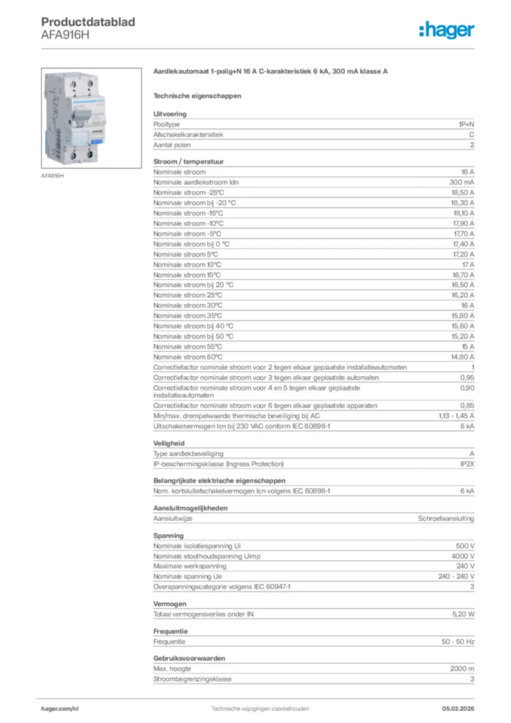 Afbeelding Hager Productdatablad AFA916H | Hager Nederland