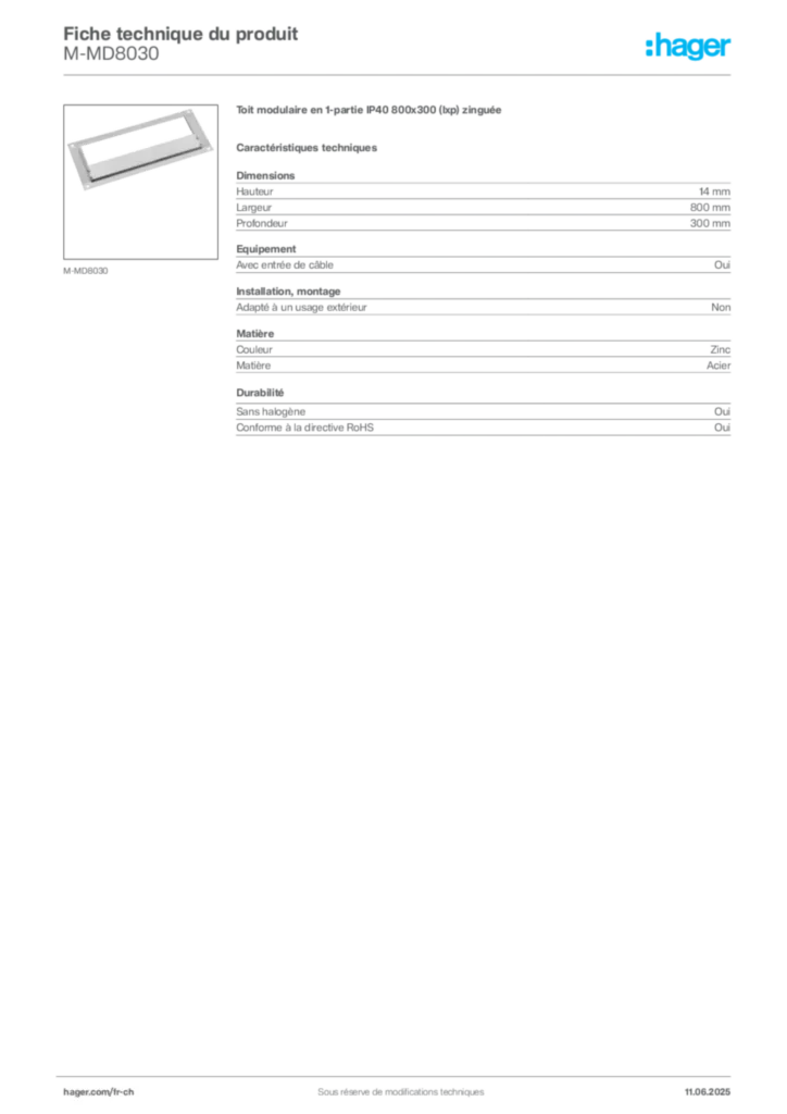 Image Hager Fiche technique du produit M-MD8030 | Hager Suisse