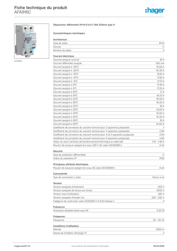 Image Hager Fiche technique du produit AFA916C | Hager Suisse