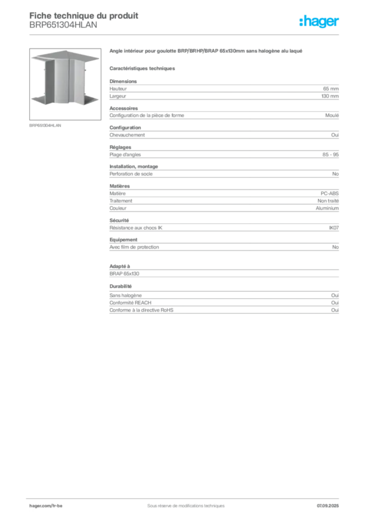 Image Hager Fiche technique du produit BRP651304HLAN | Hager Belgique
