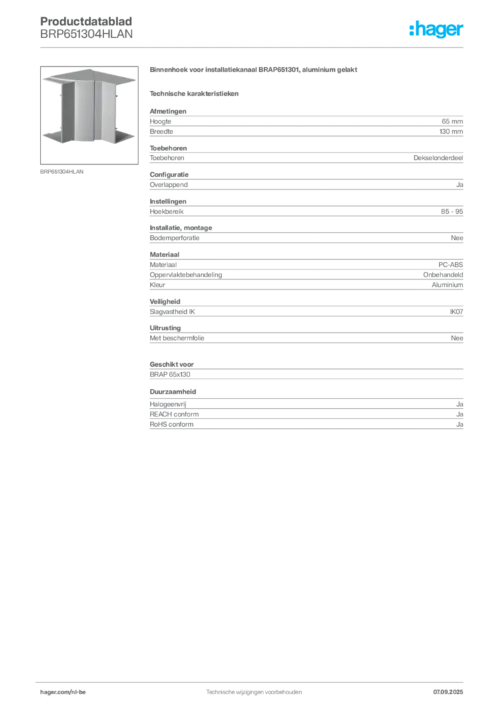 Afbeelding Hager Productdatablad BRP651304HLAN | Hager Belgium