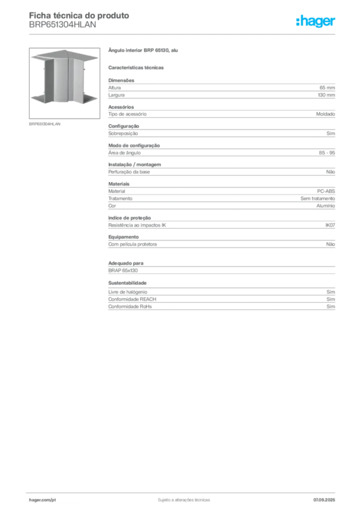 Imagem Hager Ficha técnica do produto BRP651304HLAN | Hager Portugal