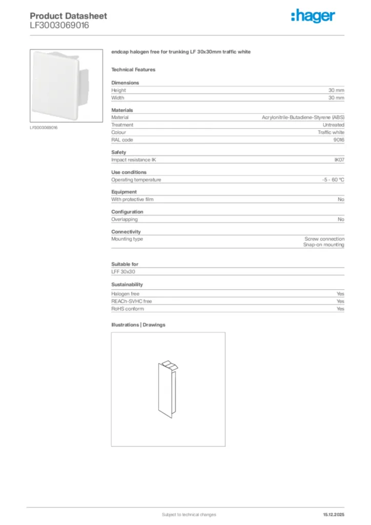 Image Hager Product data sheet LF3003069016  | Hager Africa