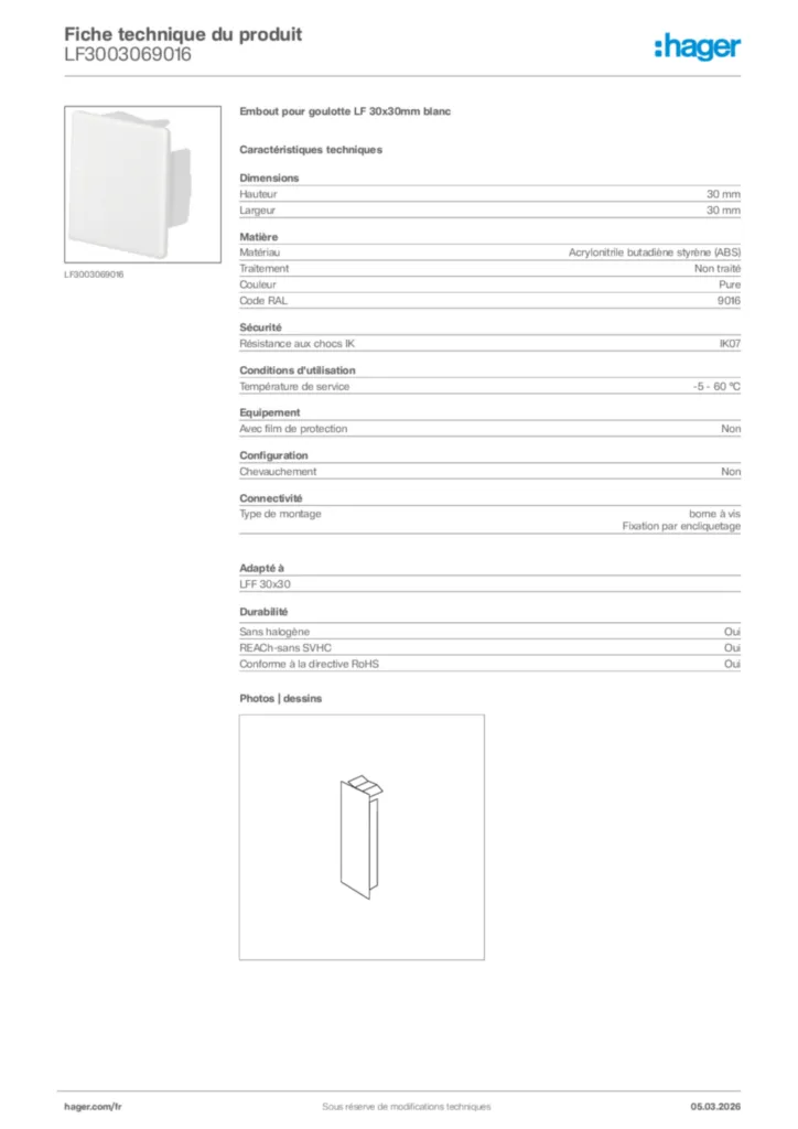 Image Hager Fiche technique du produit LF3003069016 | Hager France