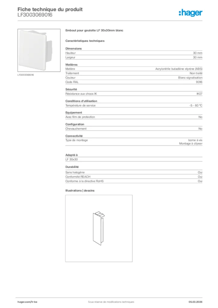 Image Hager Fiche technique du produit LF3003069016 | Hager Belgique