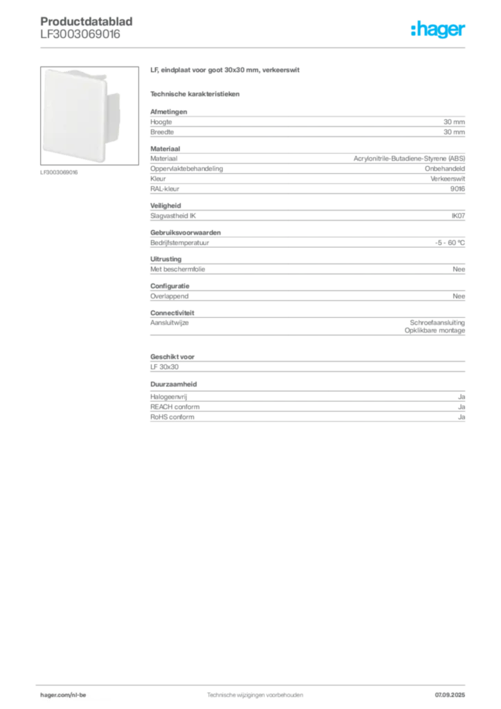 Afbeelding Hager Productdatablad LF3003069016 | Hager Belgium