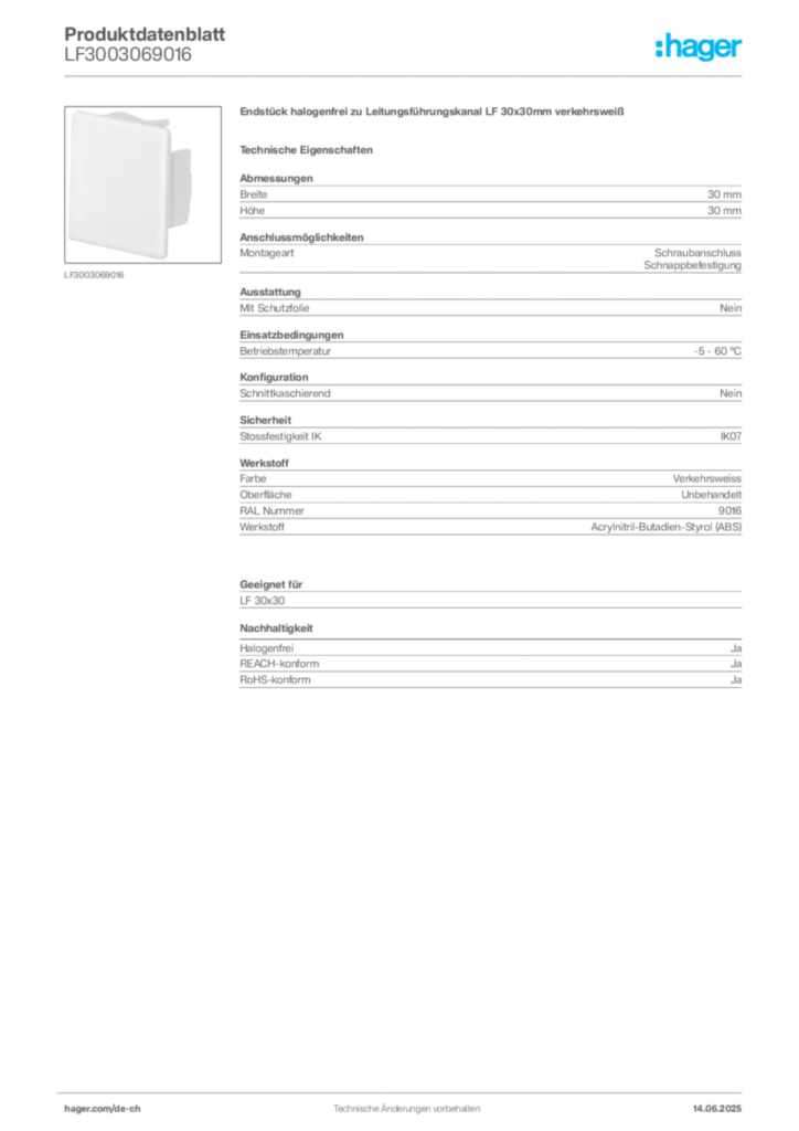 Bild Hager Produktdatenblatt LF3003069016 | Hager Schweiz
