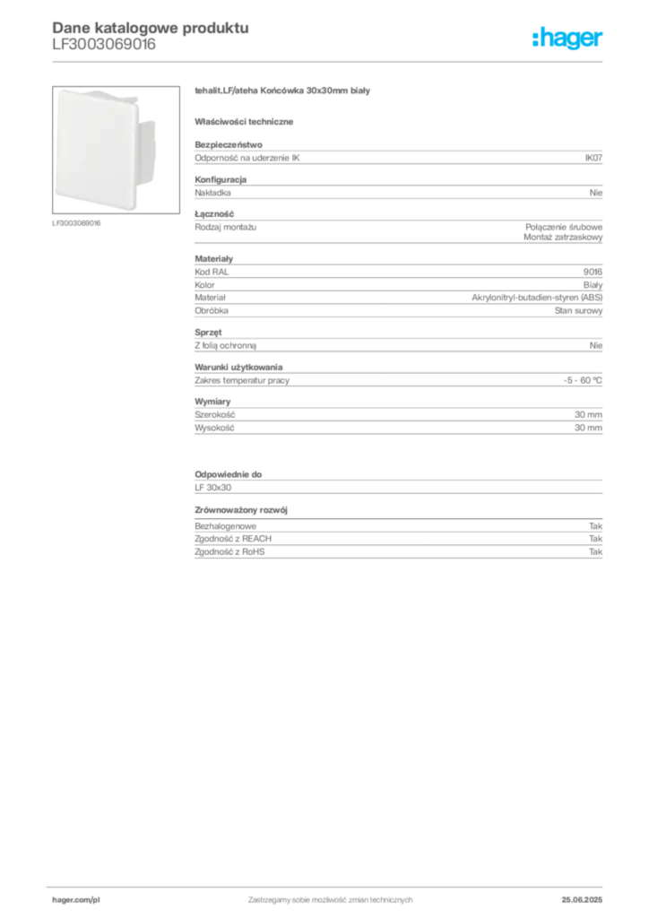 Zdjęcie Hager Karta katalogowa LF3003069016 | Hager Polska