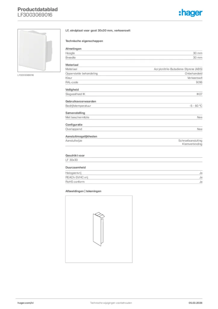 Afbeelding Hager Productdatablad LF3003069016 | Hager Nederland