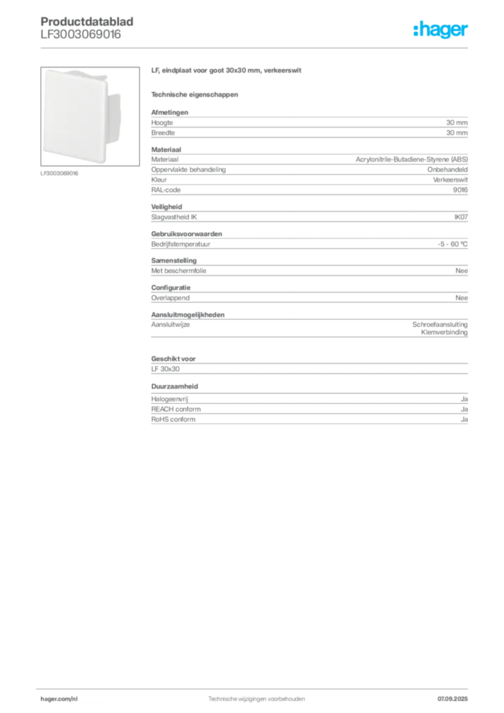 Afbeelding Hager Productdatablad LF3003069016 | Hager Nederland