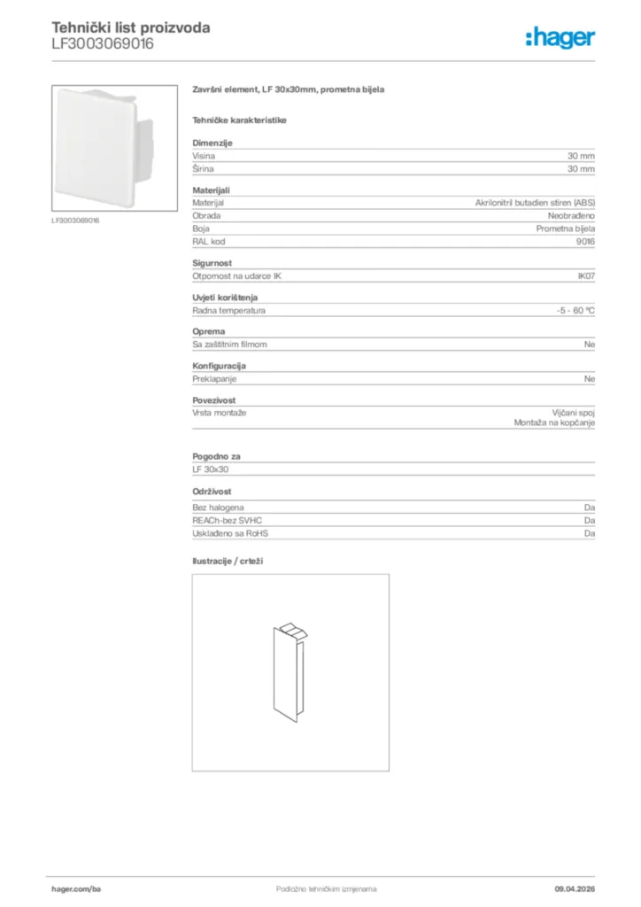 Slika Hager Tehnički list proizvoda LF3003069016  | Hager