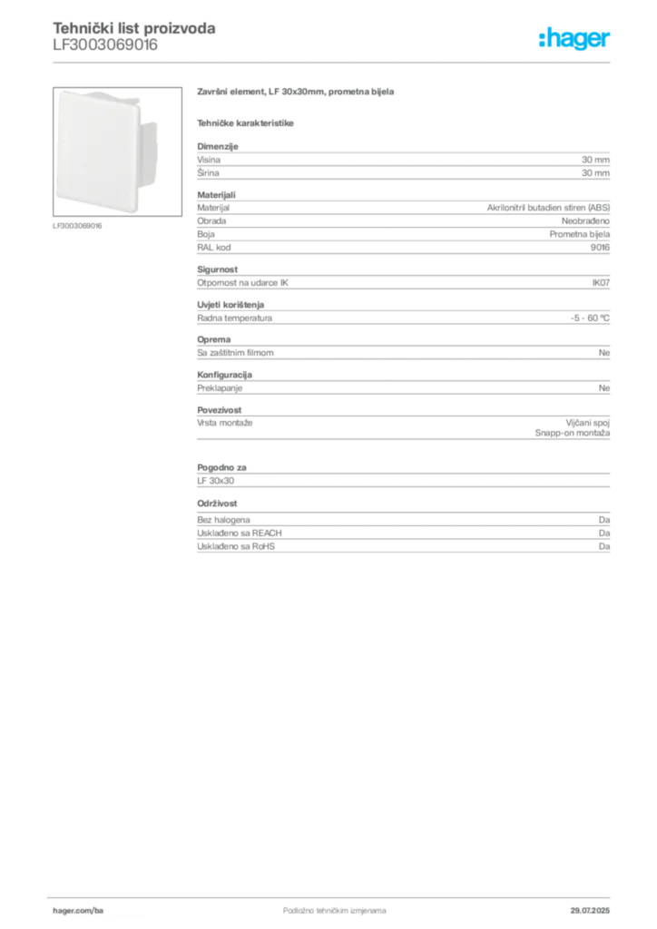 Slika Hager Product data sheet LF3003069016  | Hager