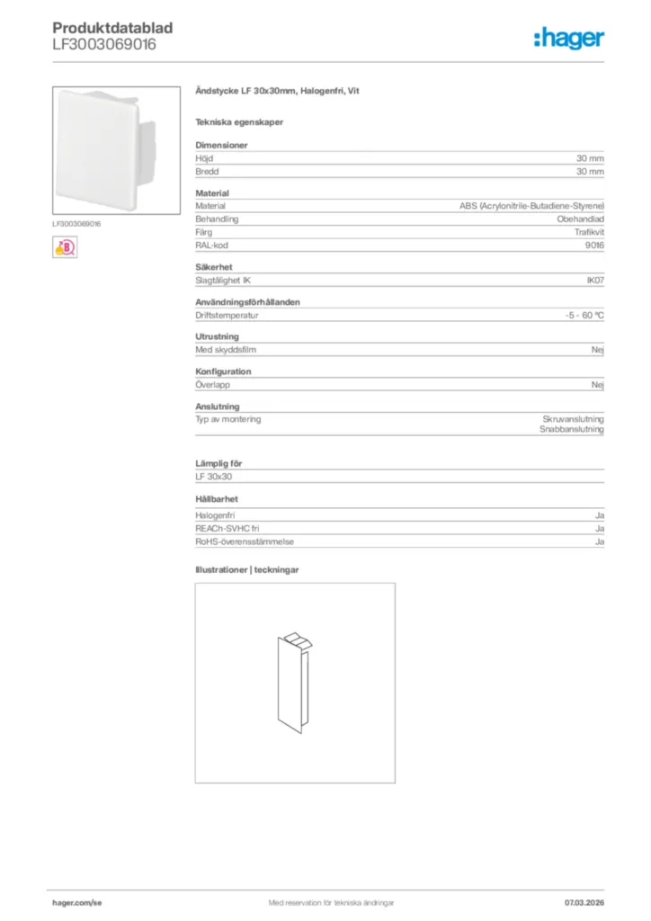 Bild Hager Produktdatablad LF3003069016 | Hager Sverige