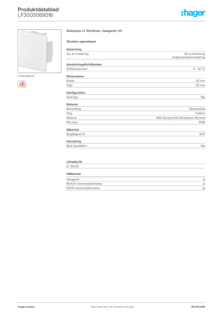 Bild Hager Produktdatablad LF3003069016 | Hager Sverige